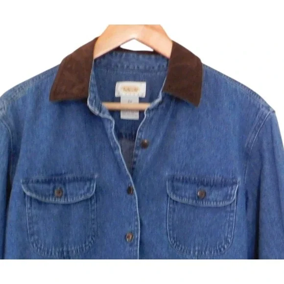 Talbots Womens Denim Shirt Jacket Button Front Brown Collar Size Petite Medium - Picture 2 of 5